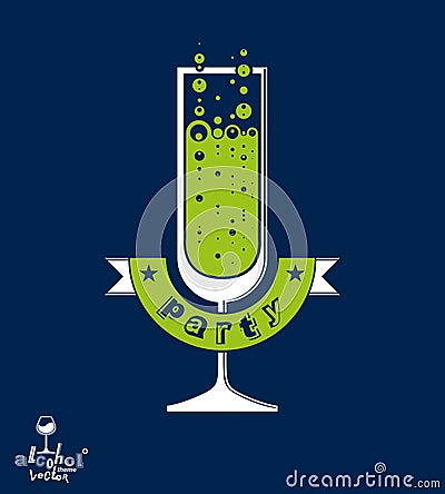 Simple vector champagne party goblet with bubbles and festive ri Vector Illustration
